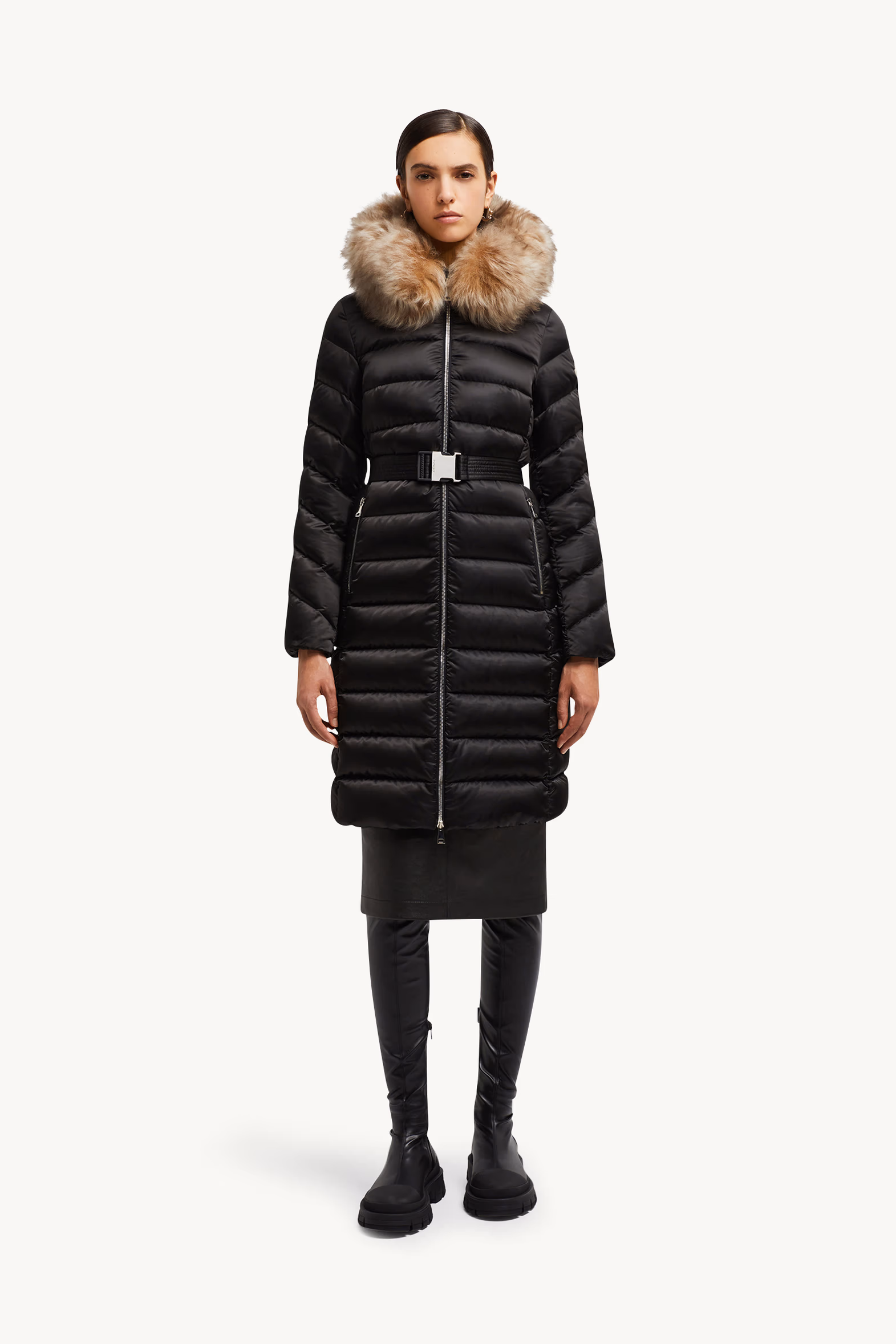 Leersie Hooded Shearling-Trimmed Long Down Jacket Women Black & Beige Moncler 3